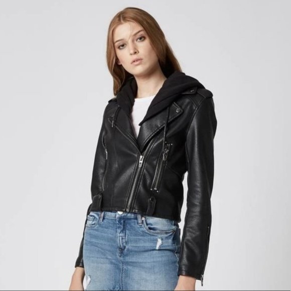 Blank NYC NEO Black Vegan Leather Zip Moto Jacket removable knit hood XS - Picture 2 of 14